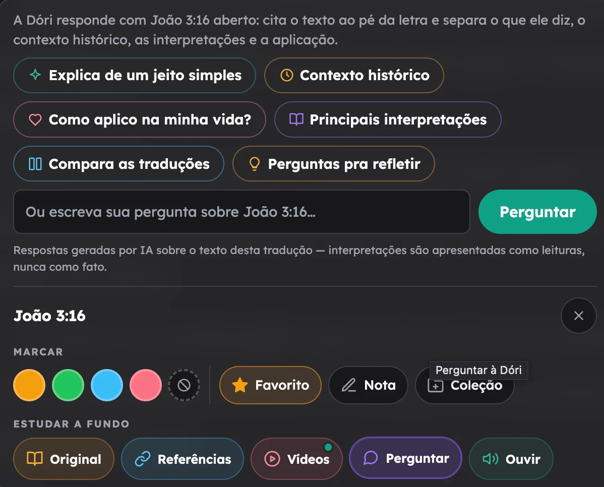 Painel 'Perguntar à Dóri' no versículo João 3:16, com seis botões de perguntas sugeridas, campo de texto livre para perguntas personalizadas, aviso sobre respostas geradas por IA e as abas de estudo com Perguntar em destaque.
