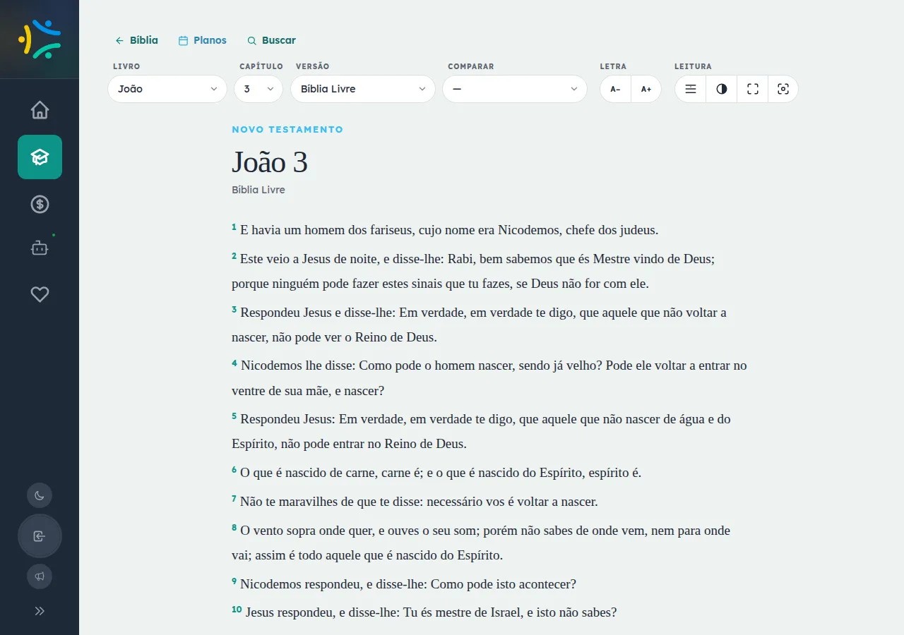 Leitor de Bíblia online mostrando o capítulo João 3 na tradução Bíblia Livre, com seletores de livro, capítulo e versão no topo, controles de tamanho de letra e os dez primeiros versículos exibidos em texto corrido.