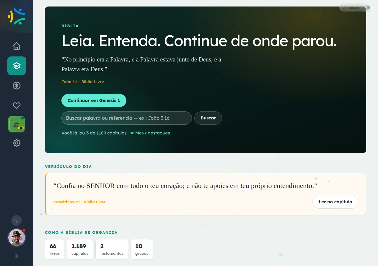 Página da Bíblia com usuário logado, mostrando o progresso de leitura e o atalho para os destaques salvos