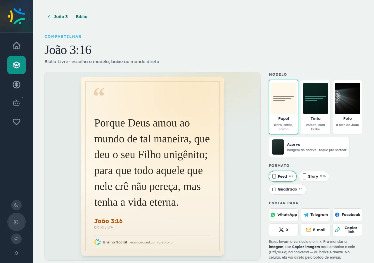Prévia de uma imagem do versículo João 3:16 pronta para compartilhar, com opções de modelo e formato