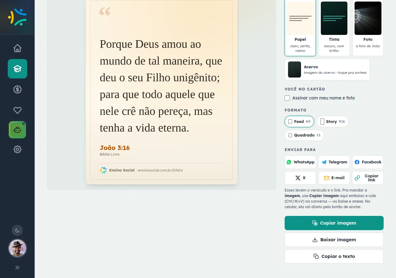 Bloco 'Você no cartão' para assinar a imagem com nome e foto, com a pessoa logada