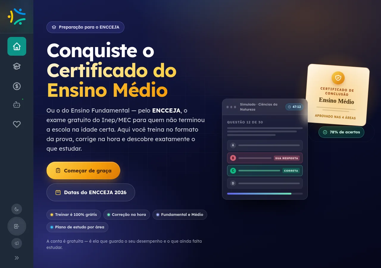 Página inicial do preparatório ENCCEJA gratuito do Ensino Social, com a proposta de treinar para a prova do ensino médio