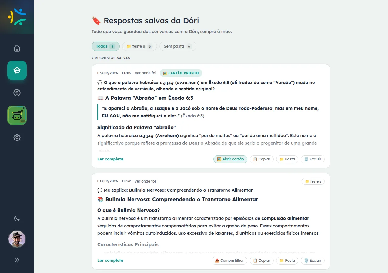 Estante de respostas salvas da Dóri com respostas do chat organizadas em pastas e filtros no topo