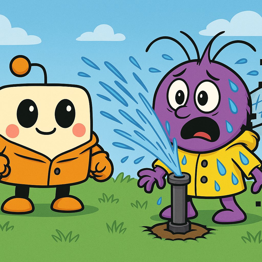 Bug: O esguicho do jardim! Foi ele que molhou a calçada!
Bug: Sol de rachar, nada de chuva... Toma, o lanche é seu.