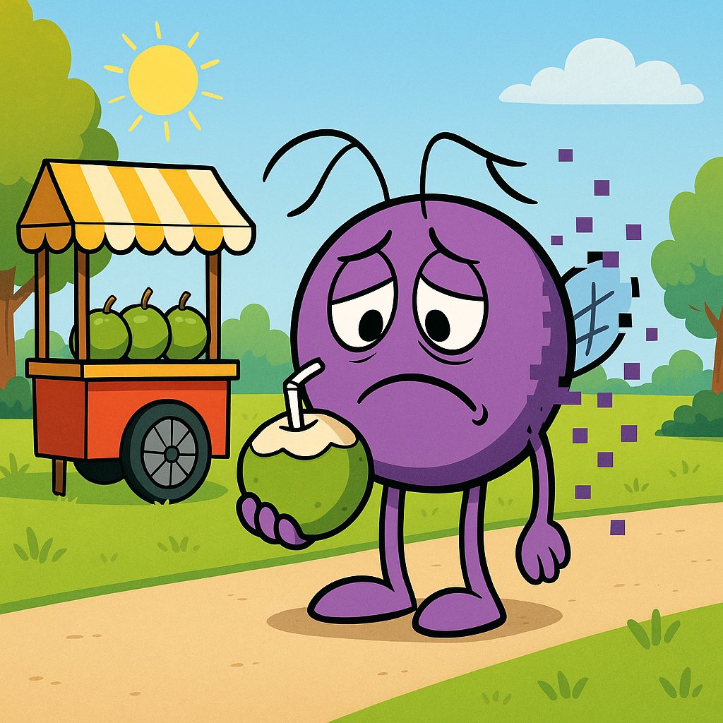 Bug: Cheguei primeiro! A água de coco da vitória é minha!
Bug: Mas... tá sem gosto. E esse segundo coco, pra quem é?