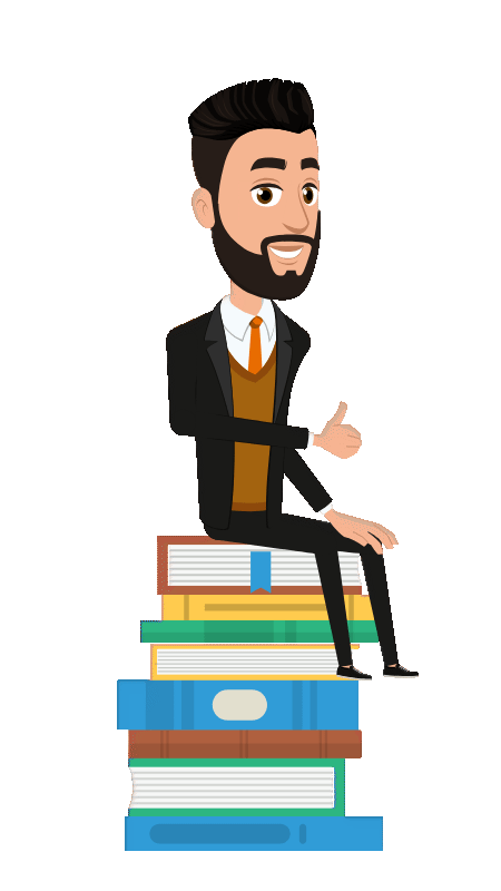 Personagem sentado sobre uma pilha de livros, lendo tranquilo